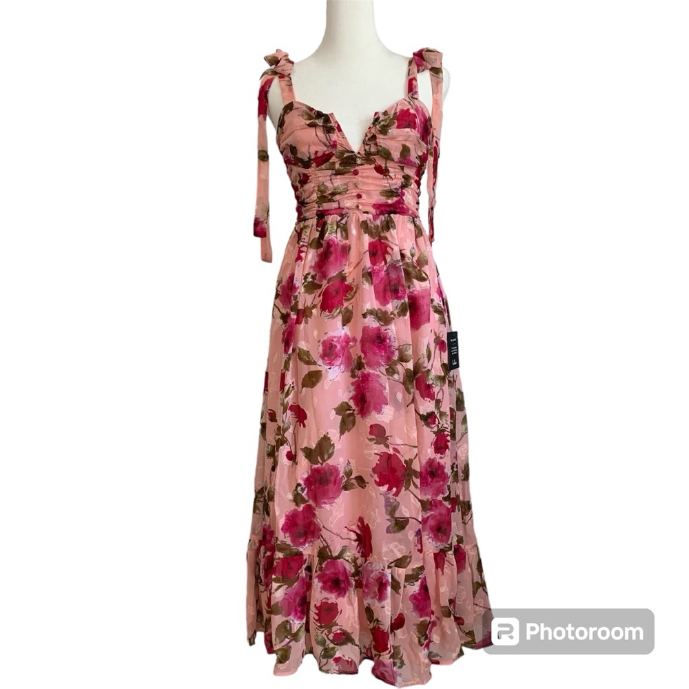 Lush Loveliness Pink Floral Jacquard Tie-Strap Midi Dress